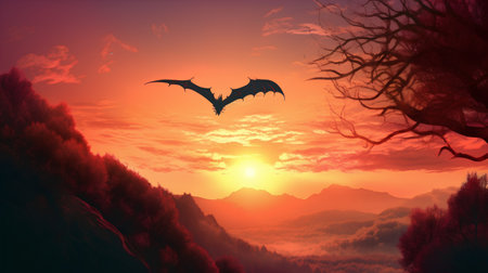 Halloween background with bats flying in the sky at sunset. Vector illustrationの素材