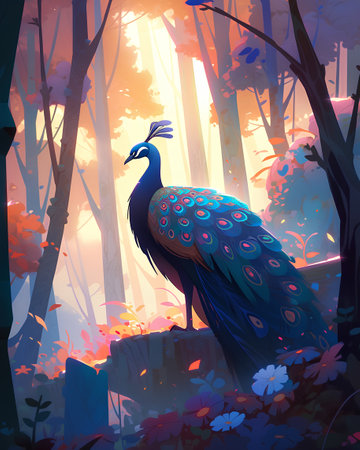 Peacock in the forest. Beautiful peacock. Vector illustration.の素材