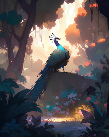 Peacock in the jungle. Beautiful peacock. Illustration.の素材