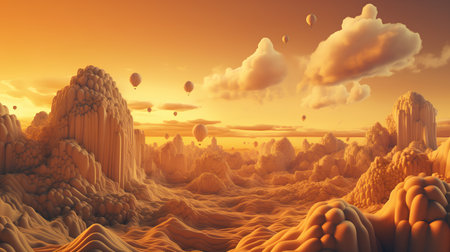 Fantasy landscape with hot air balloons flying in the sky. 3d renderingの素材
