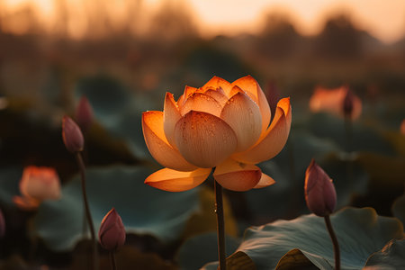 Lotus flower blooming in the pond at sunset. Nature backgroundの素材