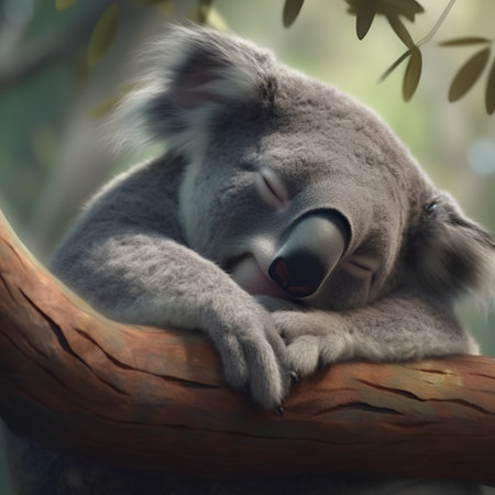 Cute koala sleeping on eucalyptus tree branchの素材