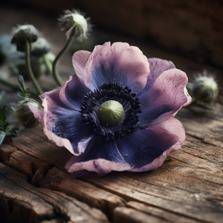 Anemone flower on old wooden background. Shallow depth of field. Toned.の素材