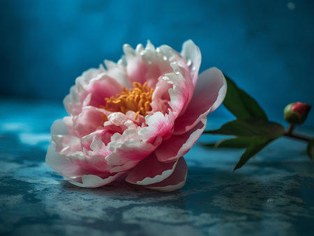 Beautiful peony flower on a blue background. Toned.の素材
