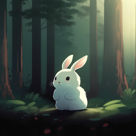 Illustration of a cute little rabbit sitting in the forest at nightの素材