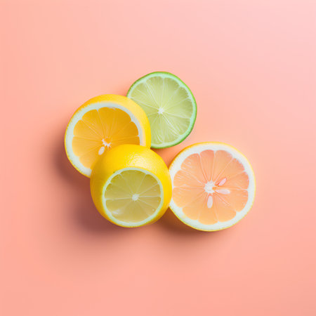 Lemon, lime and grapefruit on pink background. Flat lay, top viewの素材