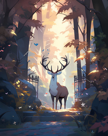 Cartoon vector illustration of a big deer in the forest at sunsetの素材