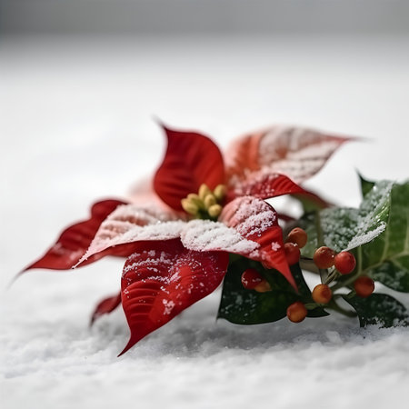 Poinsettia flower on snow. Christmas and New Year backgroundの素材