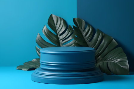Blue podium with monstera leaves on blue background. 3d renderの素材