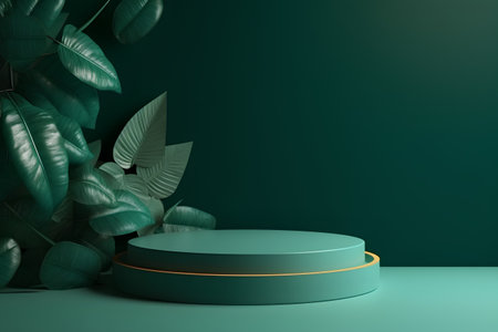 3d render of green podium and tropical leaves on green background.の素材