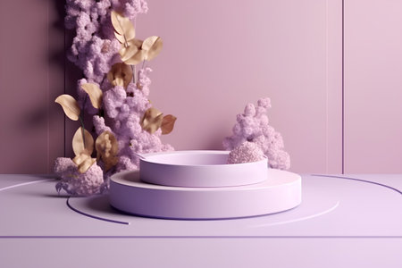 3d render of abstract minimal geometric forms. Glossy purple podium with golden leaves and flowers.の素材