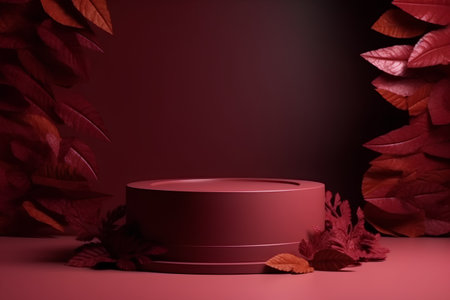 3d render of pink podium for product presentation with autumn leaves on backgroundの素材