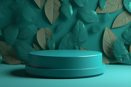 Minimal scene with green podium and tropical leaves, 3d renderの素材