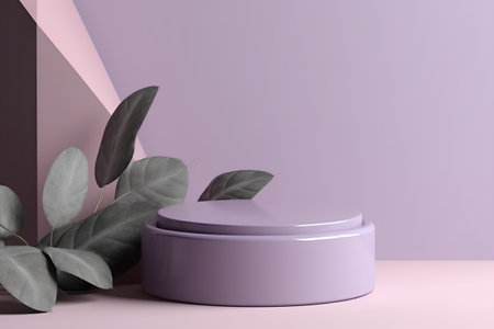 3d render of minimal product display podium with monstera leaf.の素材