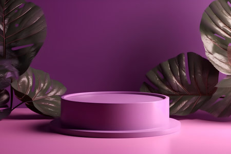 Minimal scene with purple podium and monstera leaves. 3d renderの素材