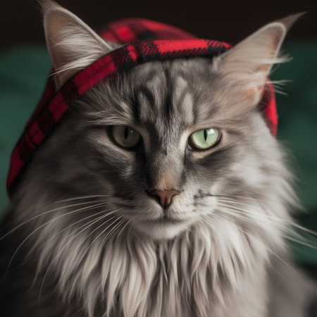 Portrait of a beautiful siberian cat in a red plaidの素材