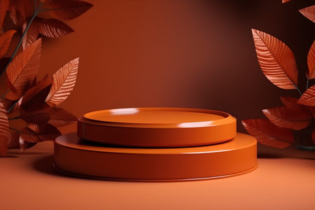 3d render of orange podium for product presentation with leaves on brown backgroundの素材