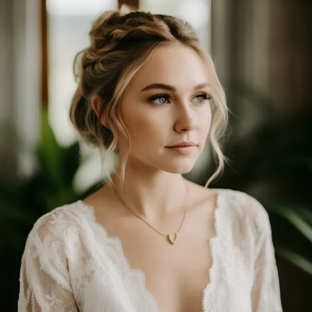 Portrait of a beautiful young bride in a white lace negligeeの素材