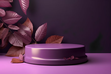 3d render of purple podium with autumn leaves on a purple backgroundの素材