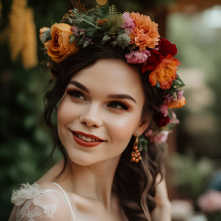 Portrait of a beautiful bride in a wreath of flowers.の素材