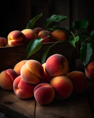 Fresh peaches in a wooden box on a dark wooden background.の素材