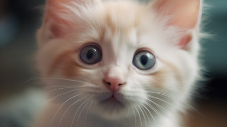 Portrait of a cute white kitten with big blue eyes close upの素材