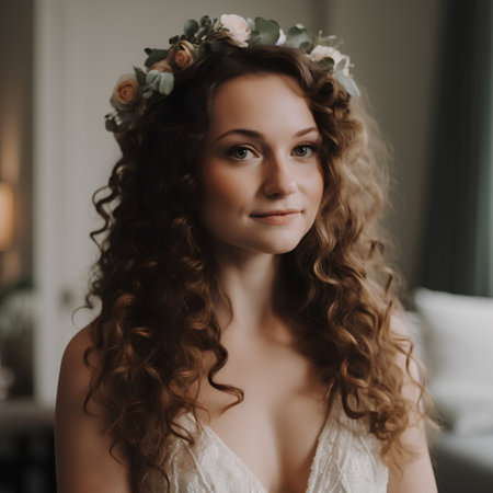 Portrait of beautiful bride with flowers in her hair. Wedding dress.の素材