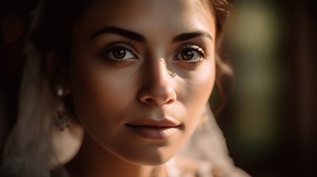 Close-up portrait of a beautiful bride with makeup in her wedding dayの素材