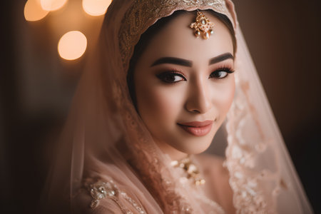 Portrait of beautiful asian muslim bride in veil at homeの素材