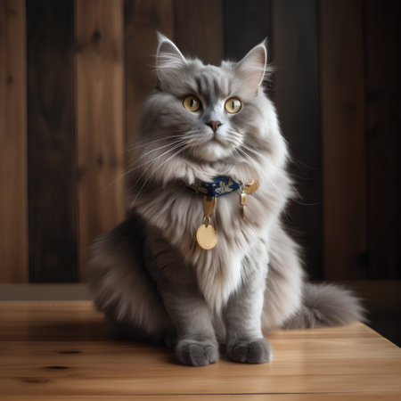 Portrait of a long-haired cat in a collar on a wooden backgroundの素材