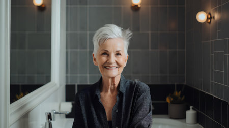 Portrait of smiling senior woman looking at camera in bathroom at homeの素材