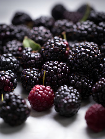 Blackberries and raspberries on a white background. Selective focus.の素材