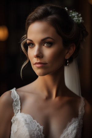Beautiful bride in white wedding dress. Portrait of beautiful bride with makeup and hairstyleの素材