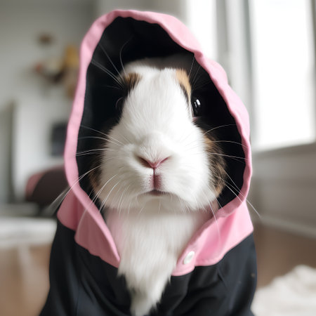 Cute guinea pig wearing a hoodie in the room.の素材