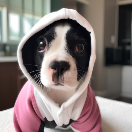 Cute Border Collie puppy wearing a hooded pink sweater.の素材