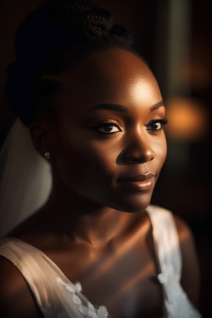 Portrait of a beautiful african american bride in white wedding dressの素材