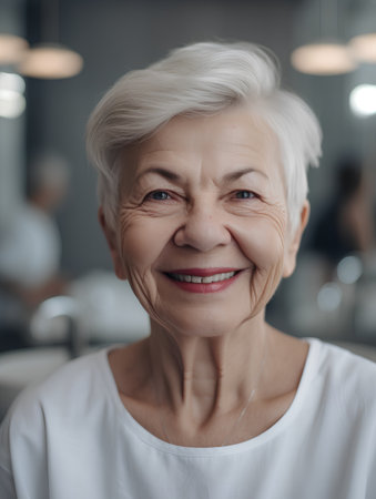 Portrait of a smiling senior woman looking at camera while standing indoorsの素材