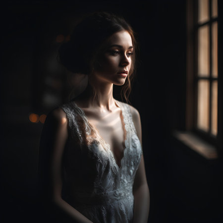 Portrait of a beautiful young woman in a white lace dress in the darkの素材