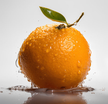 Ripe tangerine with drops of water on a white backgroundの素材
