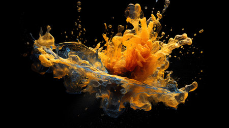 3d render of orange and blue water splash isolated on black backgroundの素材
