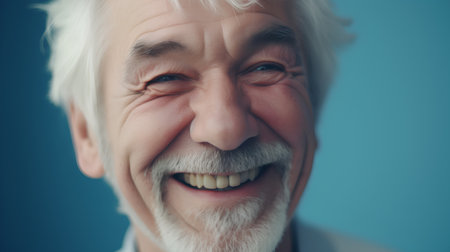 Portrait of senior man with grey beard and mustache on blue backgroundの素材