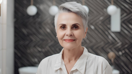 Portrait of smiling senior woman with grey hair looking at camera in bathroomの素材