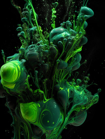 abstract background made of green paint splashes isolated on black backgroundの素材