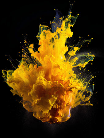 Abstract paint splash isolated on black background. Orange, yellow, green colors.の素材
