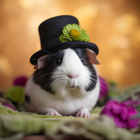 Guinea pig with a hat and flowers on a bokeh backgroundの素材