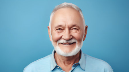 Portrait of smiling senior man. Isolated on blue background.の素材