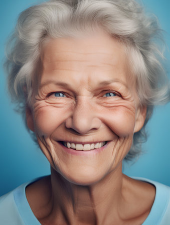 Portrait of smiling senior woman over blue background. Close up.の素材