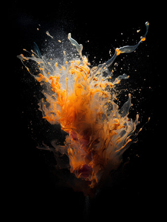 Splash of orange and yellow paint isolated on black background. Abstract backgroundの素材