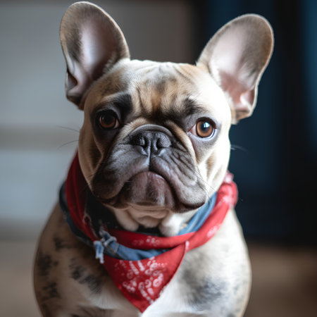 Portrait of french bulldog with red bandana on his neckの素材