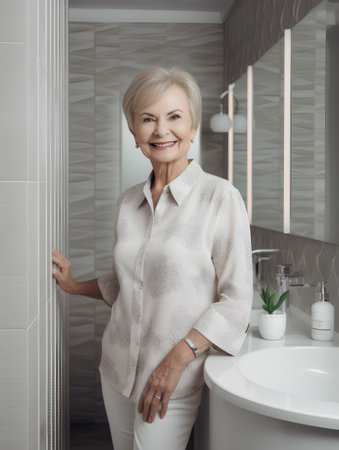 Portrait of smiling senior woman standing in bathroom and looking at cameraの素材